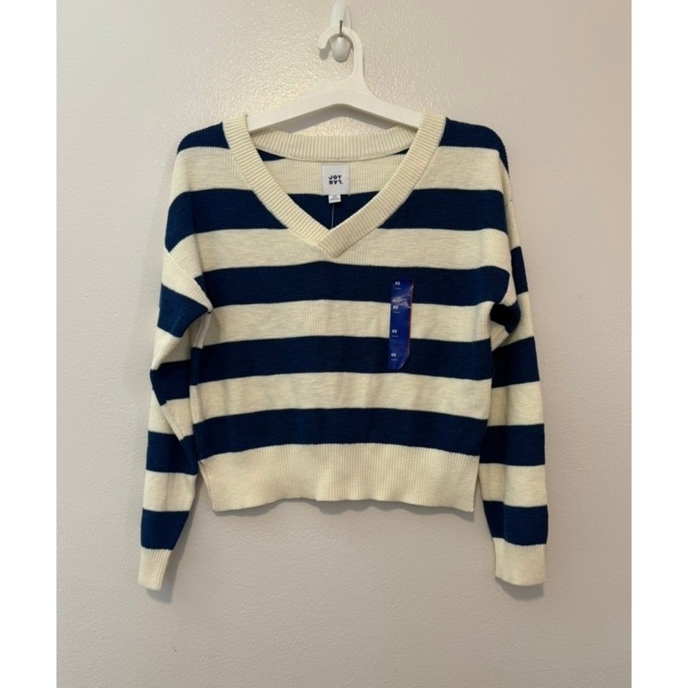 JoyLab Women Navy Peony White Striped V-Neck Loose Fit Sweater XS NWT